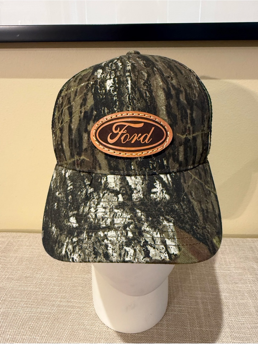 Outdoor Cap Ford Camo Trucker Hat Leather Patch Mesh Back Adjustable Cap